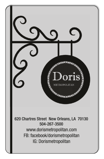 Vertical card depicting a wrought iron hanging sign with the Doris Metropolitan logo on a white background.